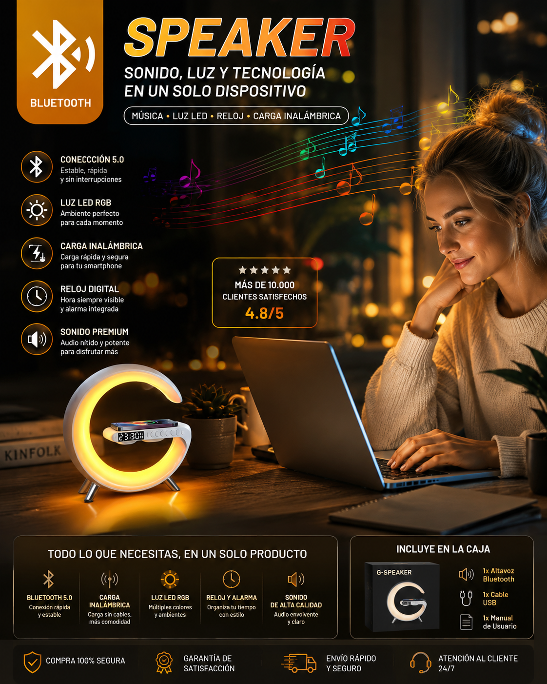AuraSound 3XD — Altavoz Bluetooth con RGB y Carga Inalámbrica