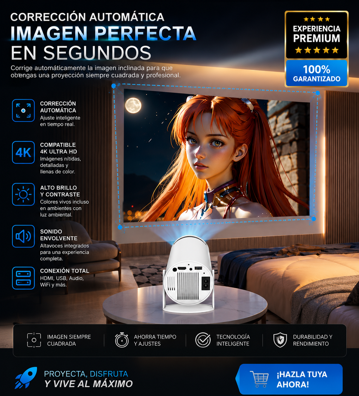 Proyector Portátil Home Cinema 4K — WiFi, Bluetooth y Rotación 180°