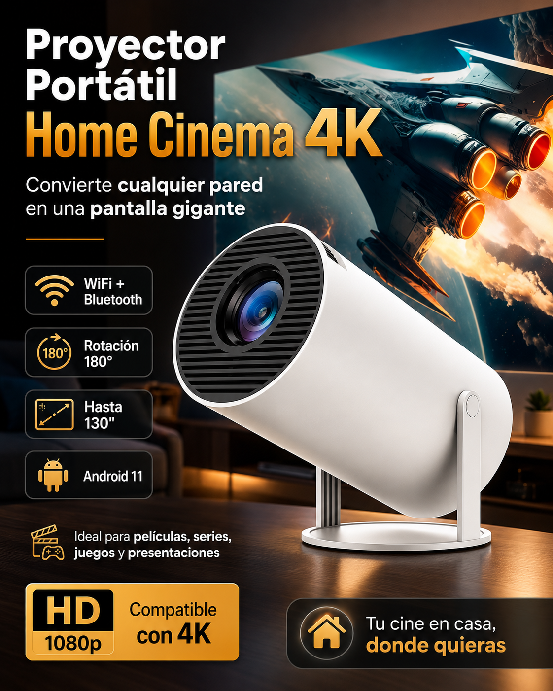 Proyector Portátil Home Cinema 4K — WiFi, Bluetooth y Rotación 180°