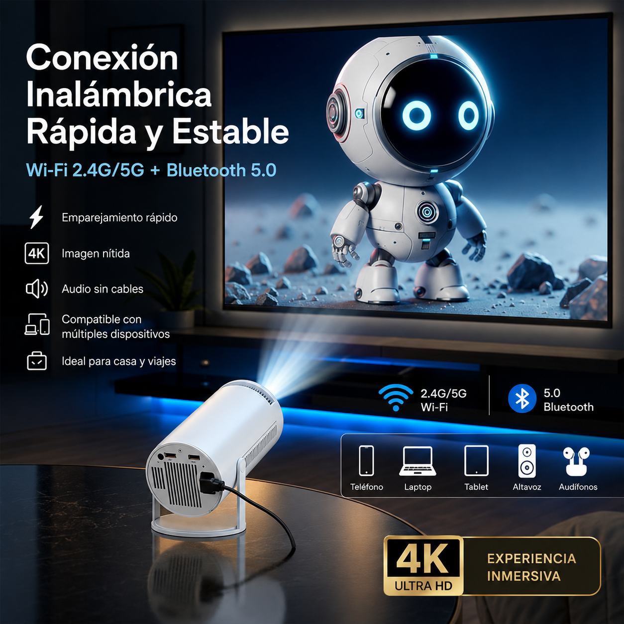 Proyector Portátil Home Cinema 4K — WiFi, Bluetooth y Rotación 180°