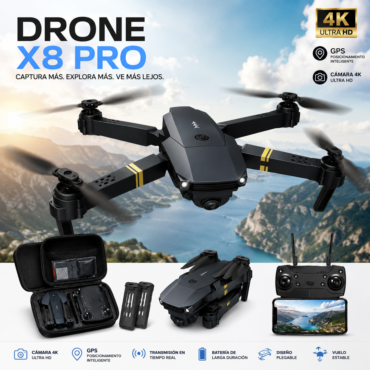 Dron con doble cámara 4K + Maleta Gratis