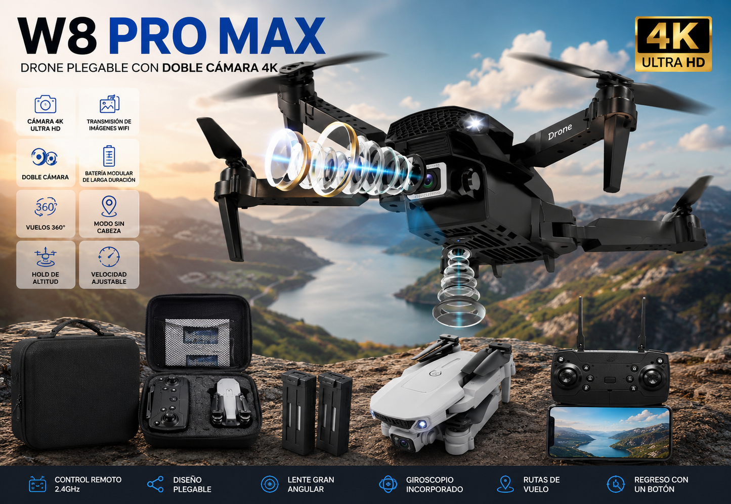 Dron con doble cámara 4K + Maleta Gratis